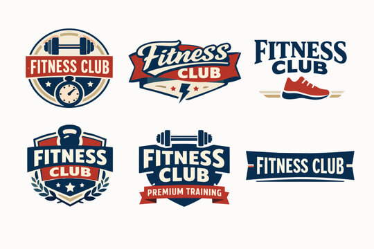 Fitness club logos set featuring graphic designs for gym, workout, health center, and premium training concepts