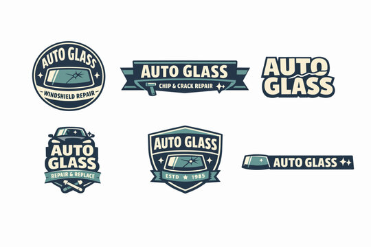 Auto glass repair logo collection featuring windshield crack repair, replacement, and chip service vector branding