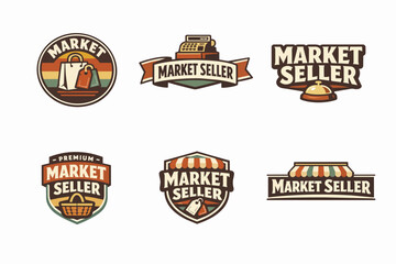 Naklejka premium Set of market seller logos, featuring shopping bags, baskets, cash registers, and storefront awnings in a vintage style