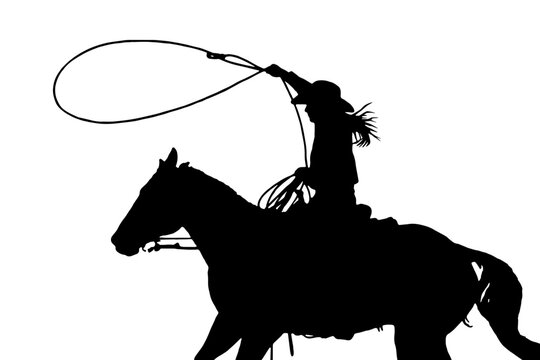 Silhouette eines Cowboys zu Pferd, der ein Lasso schwingt, schwarze Vektorgrafik auf weissem Hintergrund