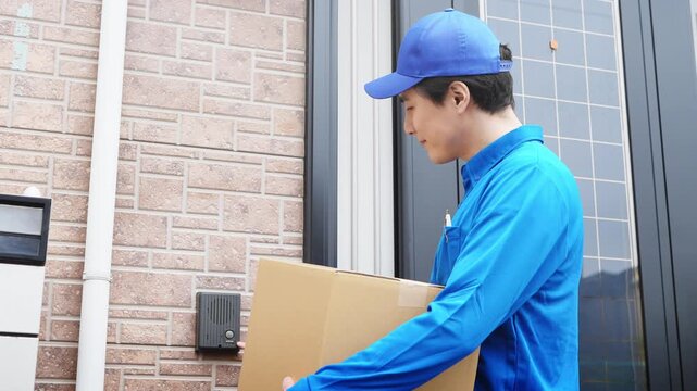インターホンを鳴らす若い配達員　ライフスタイルイメージ