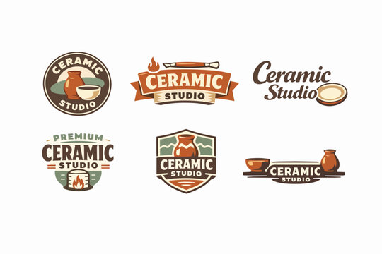 Collection of ceramic studio logos, embodying pottery making, clay workshop, craftsmanship, and artisanal products