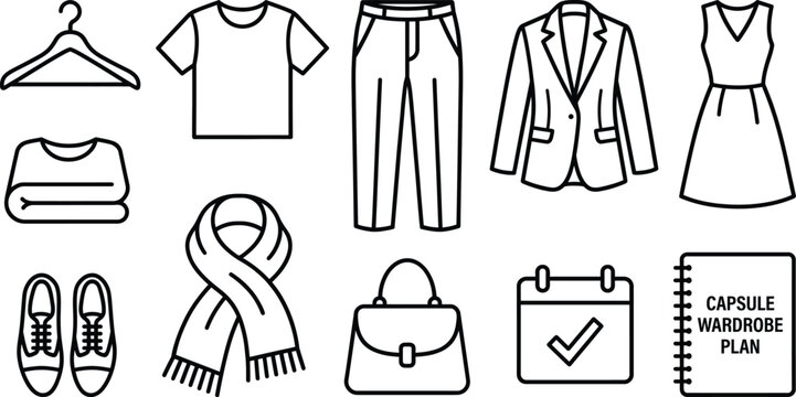 Set of capsule wardrobe clothing and fashion accessories line icons Vector Fashion