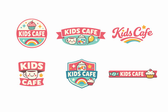 Kids cafe logo designs set, cartoon style creating playful branding with sweets, cups, and rainbows