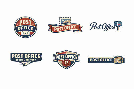Post office logos illustrating mail, delivery, and communication services with various emblems and mascots