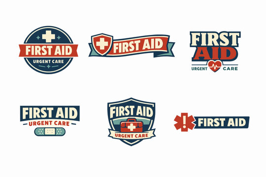 First aid and urgent care badges set illustrating medical assistance, health service, and emergency labels
