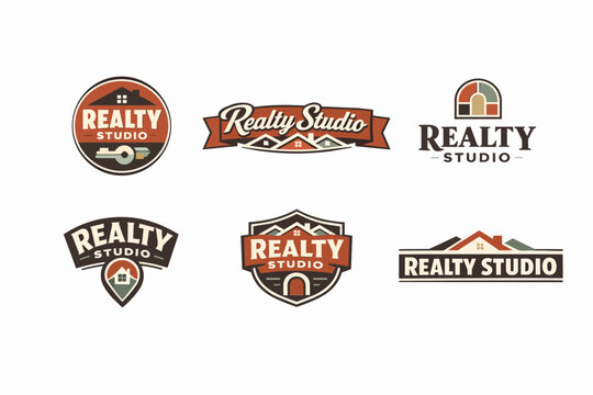 Collection of real estate logos with various house icons, property pins, and keys, offering complete branding solutions