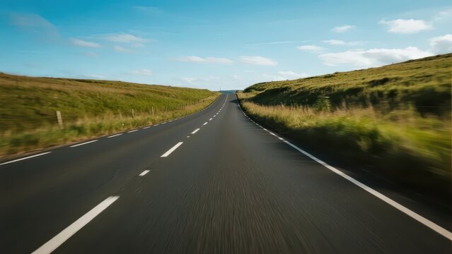 A driver's view of a grassland highway stretching ahead, full of the freedom and openness of a road trip.