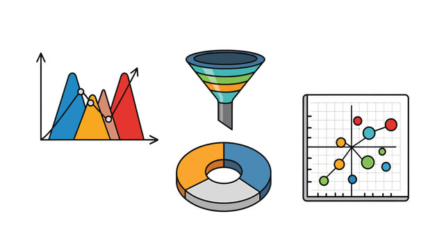 Data Analysis and Visualization Icons Set. Graphs, Funnel, Charts, and Scatter Plot for Business Intelligence and Statistics.