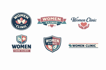 Obraz premium Women clinic logos presenting healthcare, wellness, and maternity concepts with hearts, leaves, and medical cross symbols