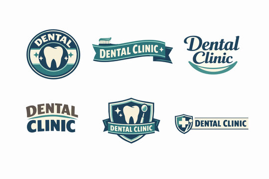 Collection of dental clinic logos with teeth, toothbrushes, and shields for oral healthcare branding inspiration