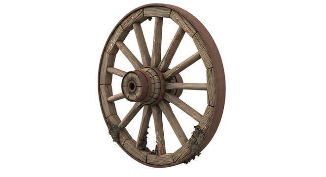 Old wooden wagon wheel on white background