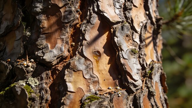 Macro shot of a golden drop of resin on the textured bark of a pine tree in a forest.