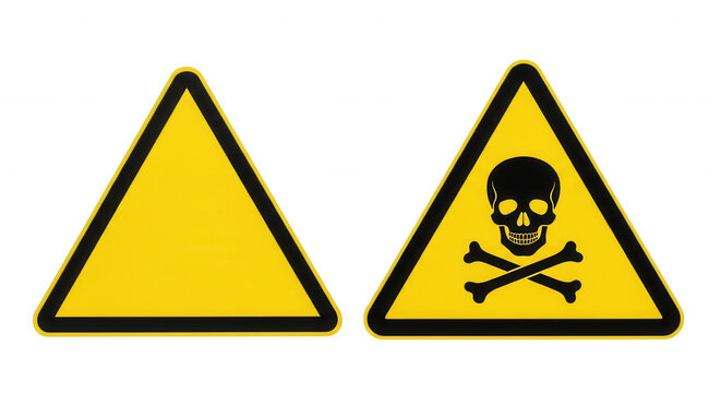 Two yellow triangular warning signs on a black background, one blank and one featuring a black skull and crossbones poison symbol