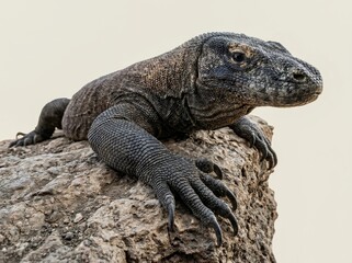 Fototapeta premium Komodo Dragon Predator Perched on Rock with Detailed Scales and Sharp Claws, Wildlife Conservation and Biodiversity Concept, Flexible Layout with Copy Space for Educational Design