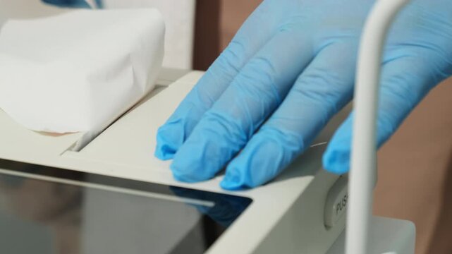 Medical worker tears printed paper from diagnostic machine after test. Specialist pulls strip from device separating result for further review