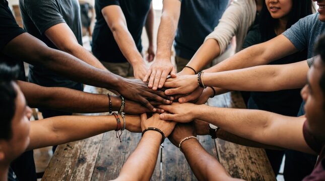 Diverse group of man and woman joining hands together on rustic wooden table. Team building activity and unity concept. Cooperation, support and collective effort in community project.