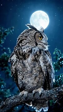 An owl on a branch under a full moon