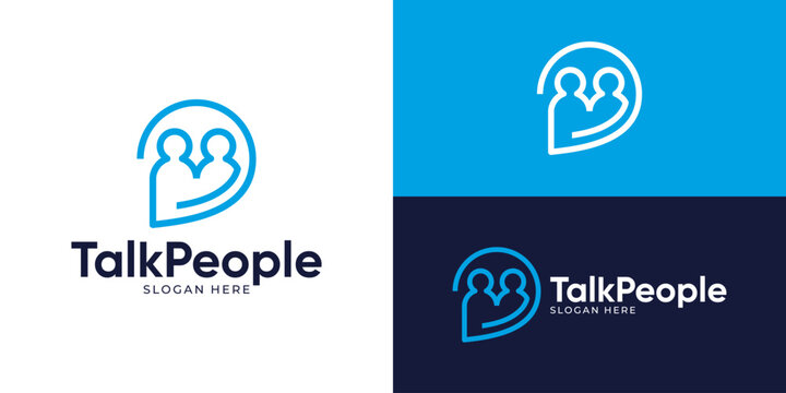 Creative simple talk people logo template. Abstract bubble chat with people person human logo design vector illustration.