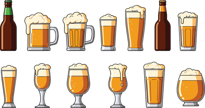Beer bottles and glasses vector set featuring lager ale pint mug and goblet styles with foam isolated illustration for bar and brewery design