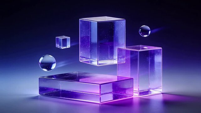 Transparent geometric cubes and spheres floating on gradient dark background