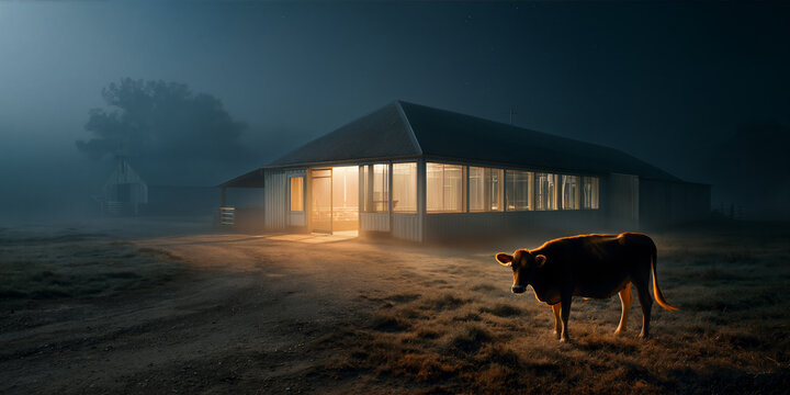 Lonely cow stands quietly in fogcovered field as morning approaches with glowing barn lights