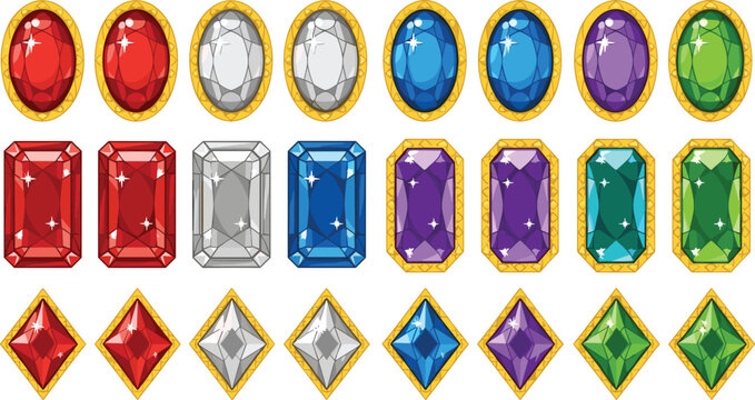 Colorful gemstone collection with oval, square and diamond cut jewels in gold frames, shiny crystal vector illustration set for luxury design