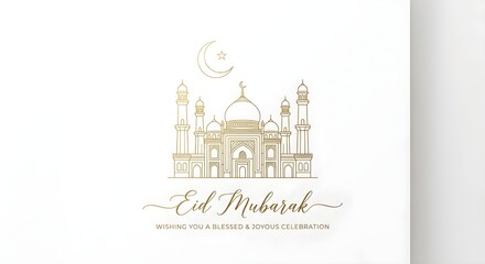 Obraz premium Minimalist Gold Line Art Mosque Illustration for Eid Mubarak Greeting and Celebration Card