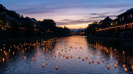 Obraz premium Enchanting Illustration of River Celebration at Dusk