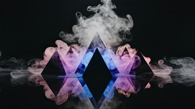 Dark Geometric Pyramids Emerging From Reflective Surface with Neon Purple Smoke