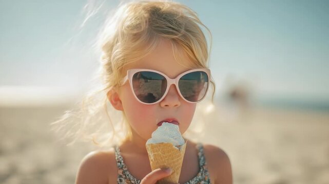 Little girl with blonde hair and sunglasses savoring a vanilla ice cream cone while standing on sandy beach.