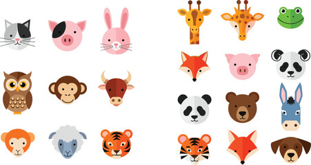 Cute animal faces vector set featuring cat pig rabbit giraffe frog panda bear fox tiger monkey owl and farm wild animals collection © Lipon