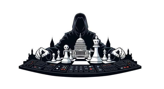 Dark hooded figure manipulates US Capitol chess game with joysticks, symbolizing political control.