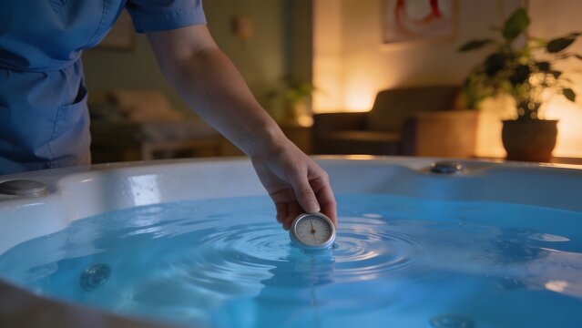 Professional spa worker checking water temperature in a hot tub with a thermometer.