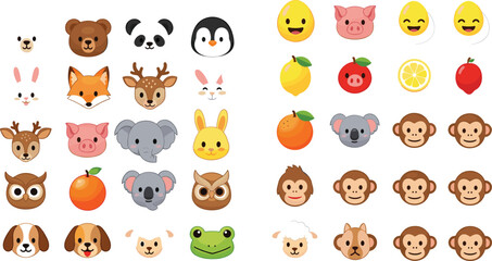 Estores personalizados con tu foto Cute animal faces and fruit emoji collection with bear, fox, rabbit, monkey, owl and colorful cartoon icons set in flat vector style