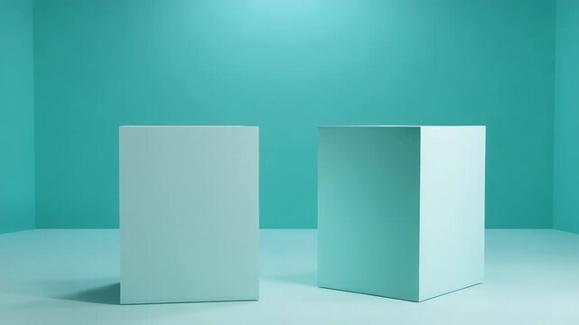 A modern art installation with two white blocks against a blue backdrop.