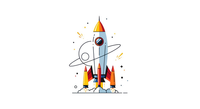 Stylized rocket launching into space with colorful effects