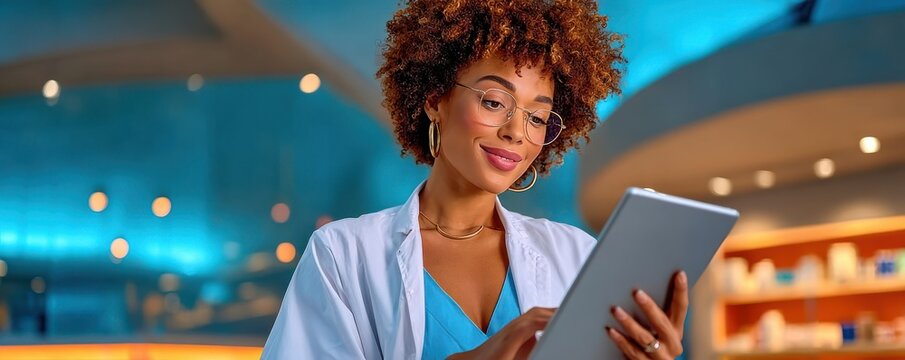Pharmacy employee using tablet for prescriptions and inventory in modern retail drugstore