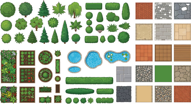 Top down view landscape design elements kit featuring trees bushes garden beds ponds and paving stone textures for architectural planning vector illustration