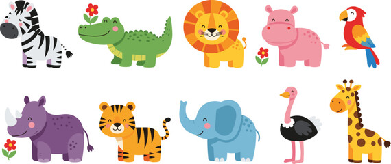Cute safari animal collection with zebra, crocodile, lion, hippo, parrot, rhino, tiger, elephant, flamingo and giraffe in colorful cartoon vector style © Lipon