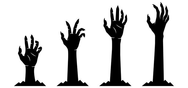 Zombie hand silhouettes rising from the grave for halloween horror design
