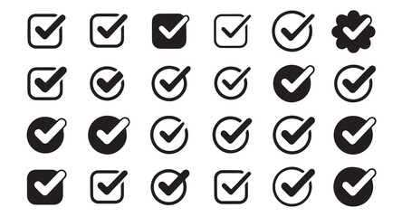 Solid black tick mark symbols collection for verified account status and business tasks. © MDNAZMUL