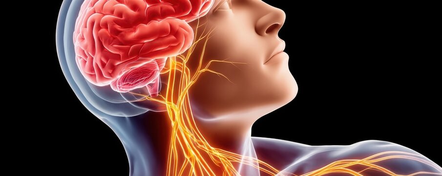 Detailed 3D medical illustration of the human brain and nervous system in head and neck
