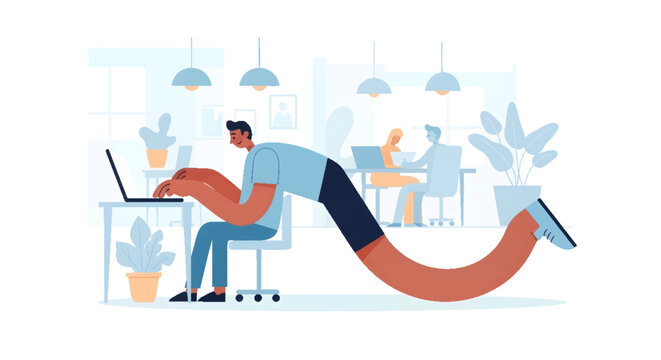 man stretching back while working on laptop at desk in office