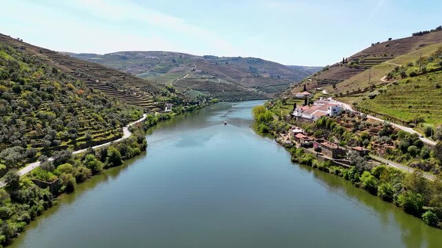 Aerial view of the Douro River flowing through terraced vineyards and historic quintas under a clear blue sky in Pinhao, Vila Real, Portugal.