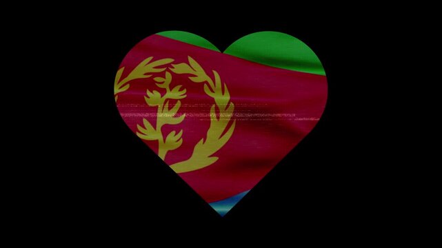 Patriotic Eritrea Heart Waving National Flag. Heart Shaped Eritrea Flag Animation with Retro Digital Glitch Effect.
