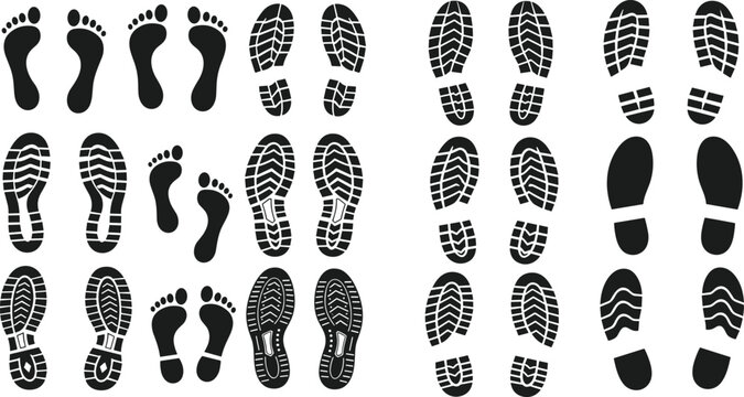 Human footprints and shoe sole prints collection with barefoot steps and tread patterns, black silhouette vector illustration set isolated on white background