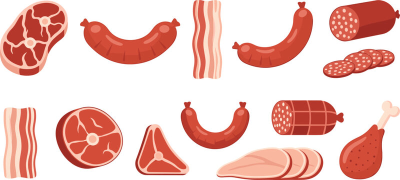 Meat products and sausage icons collection with steak, bacon, ham, salami and chicken cuts in clean flat vector illustration style
