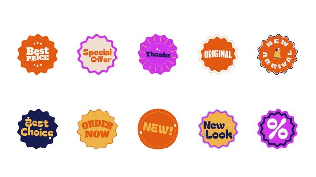 Vintage sale scalloped sticker pack animation. Store round design. Retro product badges. Isolated animated labels. Digital marketing. Online promotion. Advertising video overlay elements collection