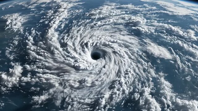 This video shows a massive hurricane swirling over the Earth's surface from space. The storm's clouds and winds are visible in detail, giving a sense of the power and scale of the natural disaster.